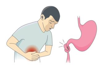 Men have abdominal pain with knot in stomach on isolated. Illustration about indigestion symptom and Gastrointestinal.